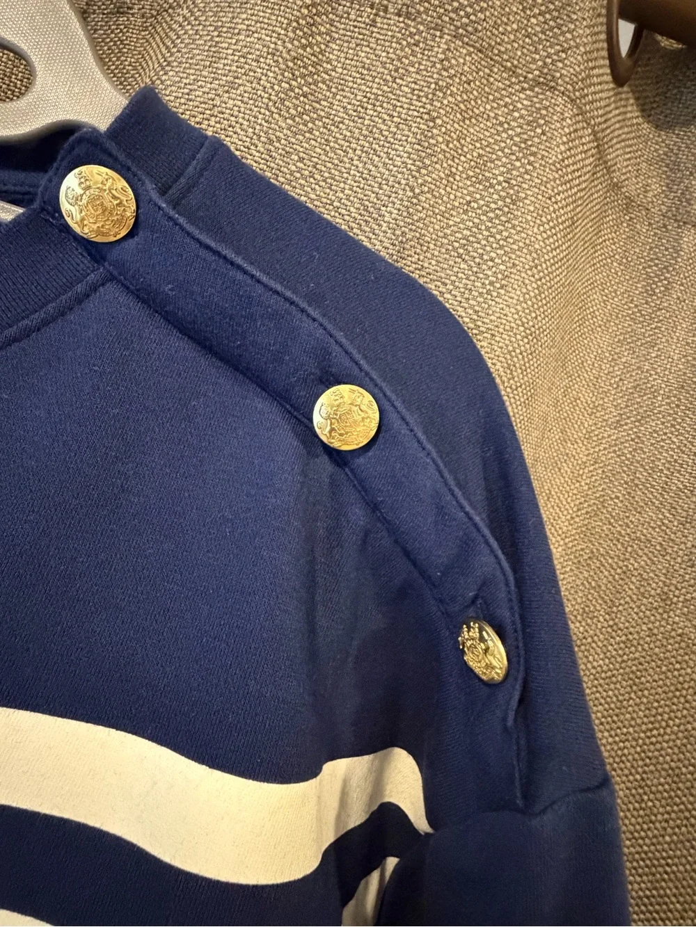 J. Crew Navy and White Striped Shoulder-Button Sweatshirt